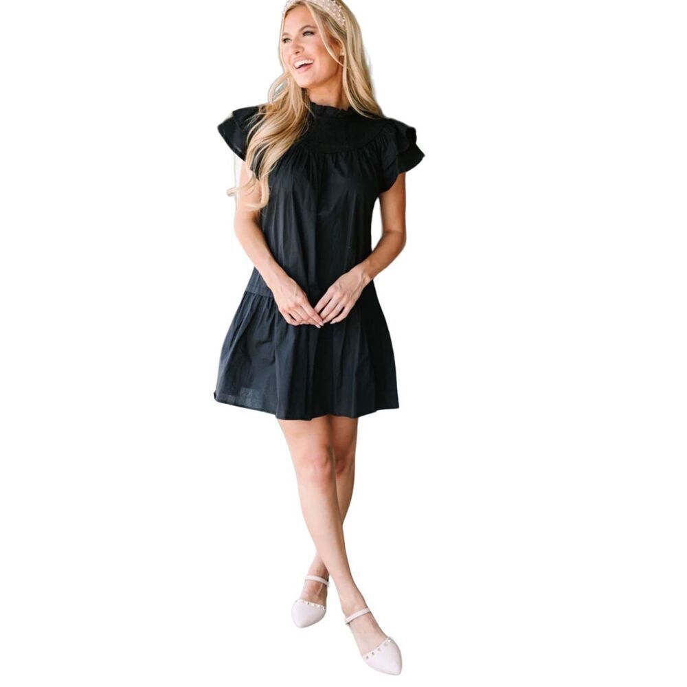 Pinch All That You Are Black Ruffled Smocked Dress Drop Waist Pockets Women’s S